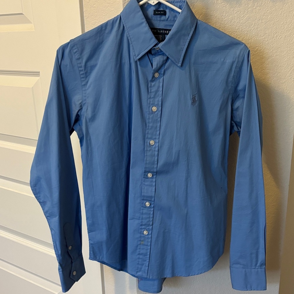 Ladies Ralph Lauren Sky Blue Button up shirt size 10 Slim Fit